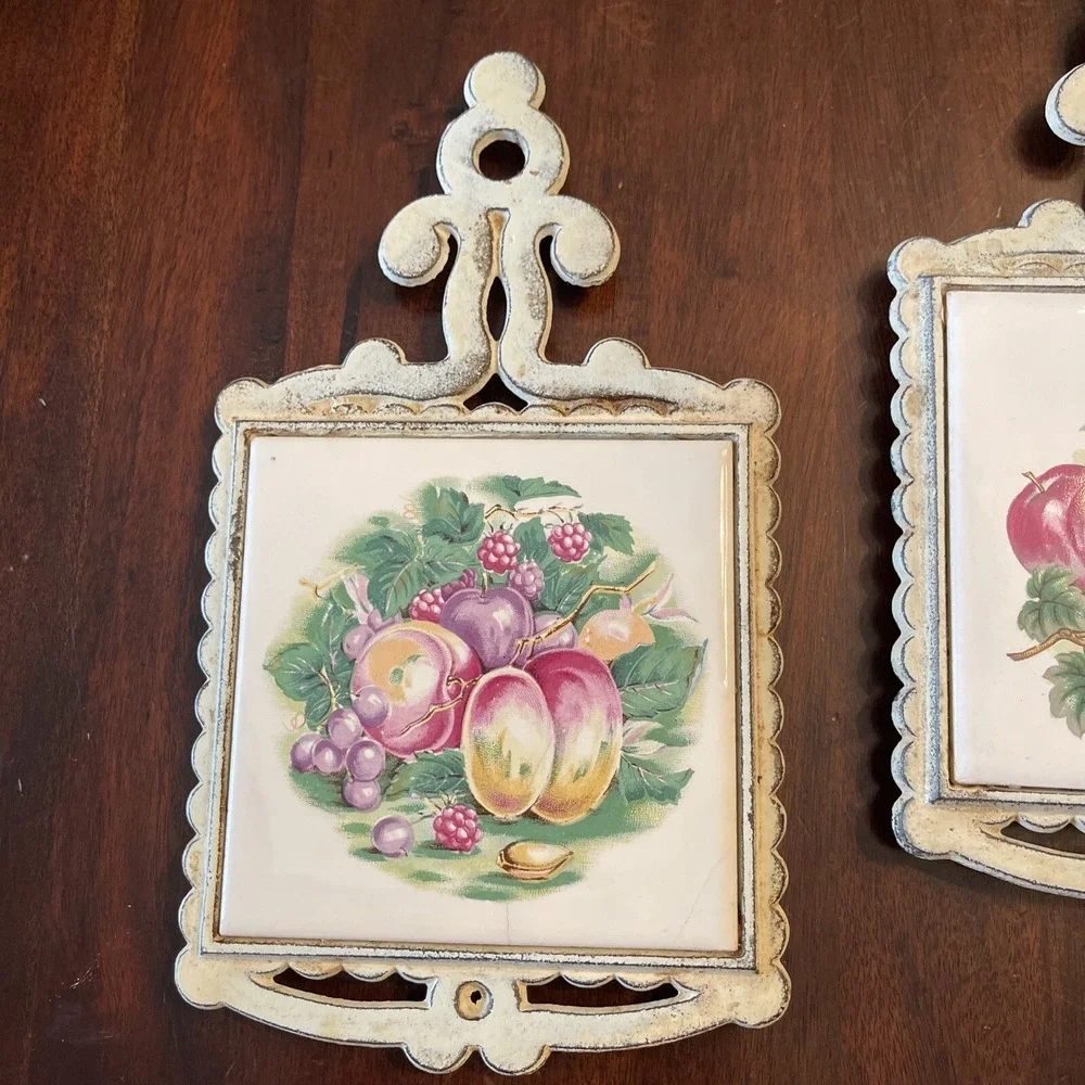Vintage Midcentury Trivets Tile Cast Iron Kitchen Wall Art Japan Set 2 Fruit 60s